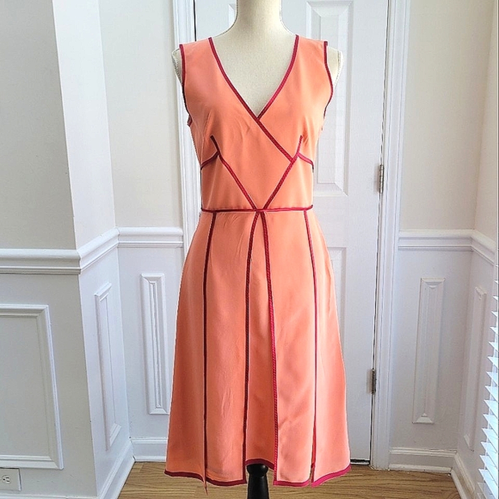 Sportmax Eiffel NWT Silk Geometric Trim Sleeveless Midi Dress Size 10 Coral
